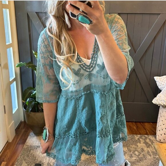 Lace Blouse V-Neck Turquoise Handmade Boho Women's Clothing Top - Picture 8 of 8